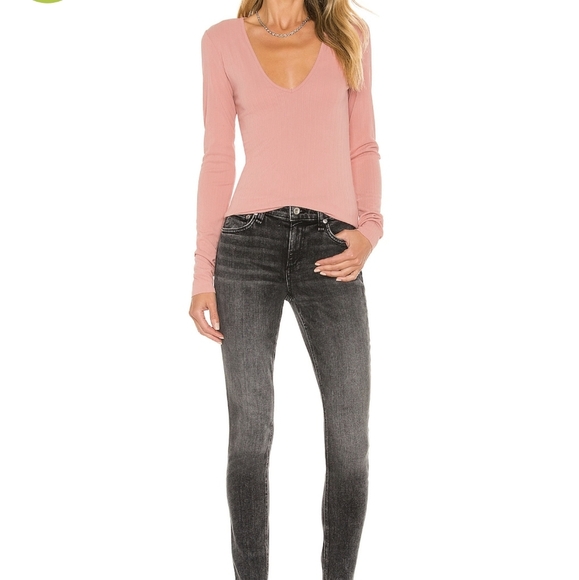rag & bone Zoe Top Deep Vee Long Sleeve Ribbed Crepe Fitted Mauve L NWT - Picture 12 of 14